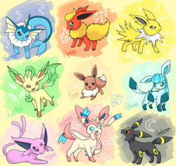 Size: 800x754 | Tagged: safe, artist:bluukiss, eevee, eeveelution, espeon, fictional species, flareon, glaceon, jolteon, leafeon, mammal, sylveon, umbreon, vaporeon, feral, nintendo, pokémon, 2013, 2d, ambiguous gender, ambiguous only, cute, group, on model, open mouth, open smile, signature, smiling