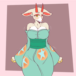 Size: 4000x4000 | Tagged: safe, artist:the_man, shino (animal crossing), deer, mammal, anthro, animal crossing, animal crossing: new horizons, nintendo, 2022, absurd resolution, big breasts, blushing, bottomwear, breasts, clothes, digital art, doe, dress, ears, eyelashes, female, fur, horns, kimono (clothing), looking at you, one eye closed, pink nose, pose, simple background, solo, solo female, tail, thighs, wide hips