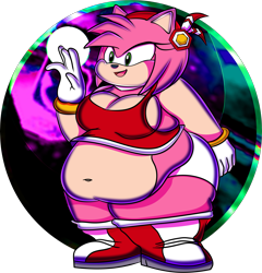 Size: 2810x2924 | Tagged: suggestive, artist:mr-nobody, amy rose (sonic), hedgehog, mammal, anthro, sega, sonic the hedgehog (series), 2021, 5 fingers, abstract background, belly button, big breasts, black nose, boots, breasts, cleavage, clothes, cream body, fat, fat fetish, feather, feather in hair, female, fetish, gloves, hair, hair accessory, hairband, high res, hyper, hyper belly, hyper butt, midriff, morbidly obese, open mouth, open smile, panties, partially transparent background, pink body, red dress, shoes, smiling, solo, solo female, three-quarter view, transparent background, two toned body, underwear, white gloves