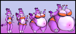 Size: 1750x780 | Tagged: suggestive, artist:mr-nobody, blaze the cat (sonic), cat, feline, mammal, anthro, sega, sonic the hedgehog (series), 2022, 3 toes, 5 fingers, barefoot, belly blush, belly button, big belly, big breasts, breast blush, breasts, clothes, drink, female, fetish, fur, gradient background, hair, hair tie, holding, holding object, huge breasts, hyper, hyper belly, hyper breasts, hyper butt, hyper inflation, hyper thighs, inflation, inflation fetish, long eyelashes, multicolored fur, onomatopoeia, paw pads, paws, purple body, purple fur, sequence, shocked, solo, solo female, swimsuit, text, thick thighs, thighs, two piece swimsuit, two toned body, two toned fur, white body, white fur