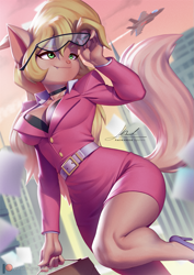 Size: 897x1269 | Tagged: safe, artist:pakwan008, callie brigs (swat kats), cat, feline, mammal, anthro, plantigrade anthro, hanna-barbera, swat kats, 2022, belt, big breasts, blonde hair, bottomwear, breasts, choker, cleavage, clothes, digital art, dress, ears, featured image, female, glasses, green eyes, hair, high heels, jet fighter, long hair, outdoors, shoes, signature, smiling, solo, solo female, suit, tail, thick thighs, thighs