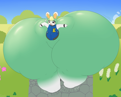 Size: 2146x1717 | Tagged: suggestive, artist:grinex, sasha (animal crossing), lagomorph, mammal, rabbit, anthro, animal crossing, animal crossing: new horizons, nintendo, 2022, black eyes, blonde hair, blushing, bottomless, bunny ears, butt, butt expansion, commission, cracks, expansion, flower, fur, green body, green fur, hair, hip expansion, hyper, hyper butt, letterman jacket, male, nudity, open mouth, outdoors, partial nudity, plant, shocked, solo, solo male, walking