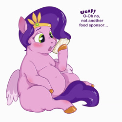 Size: 1280x1280 | Tagged: safe, artist:aristide, pipp petals (mlp), equine, fictional species, mammal, pegasus, pony, hasbro, my little pony, my little pony g5, spoiler:my little pony g5, adipipp, belly, big belly, blushing, burp, cell phone, fat, female, headwear, jewelry, mare, obese, phone, regalia, simple background, sitting, smartphone, solo, solo female, text, tiara, white background