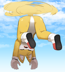 Size: 1743x1943 | Tagged: suggestive, artist:sum, miles "tails" prower (sonic), canine, fox, mammal, red fox, anthro, sega, sonic the hedgehog (series), 2023, butt, clothes, cloud, digital art, ears, eyes closed, face down ass up, featureless crotch, flying, gloves, male, multiple tails, nudity, open mouth, partial nudity, rear view, shoes, shoes only, sky, socks, solo, solo male, sweat, tail, tired, tongue, two tails