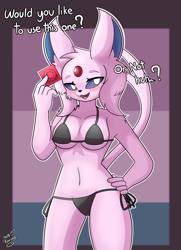 Size: 2362x3269 | Tagged: suggestive, artist:thelasthope, eeveelution, espeon, fictional species, mammal, anthro, nintendo, pokémon, 2022, bedroom eyes, belly button, bikini, breasts, cheek fluff, clothes, condom, digital art, ears, female, fluff, hand on hip, open mouth, simple background, solo, solo female, swimsuit, tail, thighs, tongue, wide hips