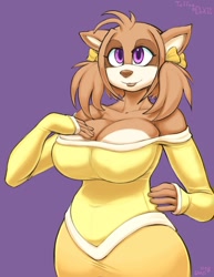 Size: 1000x1294 | Tagged: safe, artist:astupidjerk, artist:snao, part of a set, oc, oc only, oc:toffee the hedgehog (drxii), mammal, anthro, big breasts, bow, breasts, cleavage, female, fur, hair, hair bow, purple eyes, simple background, solo, solo female