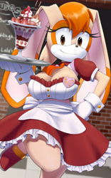 Size: 1000x1600 | Tagged: safe, artist:kojiro-brushard, vanilla the rabbit (sonic), lagomorph, leporid, mammal, rabbit, sega, sonic the hedgehog (series), apron, ascot, berry, big breasts, black nose, bow, breasts, cleavage, clothes, ears, ears down, eyelashes, female, food, frills, fruit, fur, gloves, hair, holding, holding object, huge breasts, indoors, looking at you, multicolored fur, necktie, orange body, orange fur, orange hair, plate, red clothes, red dress, skin, smiling, solo, solo female, standing, standing on one foot, strawberry, tan body, tan fur, tan skin, thighs, white apron, white gloves, wrist cuff