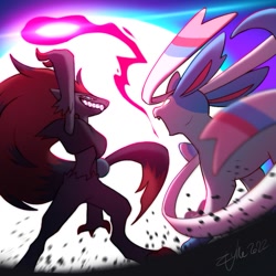 Size: 899x899 | Tagged: safe, artist:thezyhe, eeveelution, fictional species, mammal, shiny pokémon, sylveon, zoroark, anthro, feral, nintendo, pokémon, ambiguous gender, ambiguous only, duo, duo ambiguous, fighting, grin, open mouth, teeth