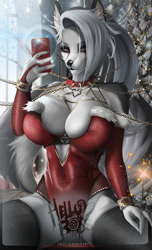 Size: 780x1280 | Tagged: suggestive, artist:johnnyzzart, loona (vivzmind), canine, fictional species, hellhound, mammal, anthro, hazbin hotel, helluva boss, 2023, breasts, christmas, clothes, ear fluff, female, fluff, gray hair, hair, holiday, huge breasts, long hair, solo, solo female, tail, tail fluff, thick thighs, thighs