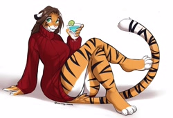 Size: 3257x2230 | Tagged: safe, artist:morning_mocha, big cat, feline, mammal, saber-toothed cat, tiger, anthro, alcohol, big butt, brown hair, butt, clothes, cocktail, cocktail garnish, cocktail glass, drink, ears, female, fur, green eyes, hair, looking at you, orange body, orange fur, panties, paws, sabertooth (anatomy), simple background, striped fur, sweater, tail, teeth, thick thighs, thighs, topwear, turtleneck, underwear, white background, wide hips
