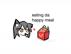 Size: 1413x1078 | Tagged: safe, artist:tunaplus_c, texas (arknights), animal humanoid, canine, fictional species, mammal, wolf, humanoid, arknights, mcdonald's, black hair, english text, female, food, hair, happy meal, head only, heart, holding, mouth hold, orange eyes, pocky, simple background, solo, solo female, text, white background