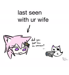 Size: 1273x1395 | Tagged: safe, artist:tunaplus_c, animal humanoid, cat, feline, fictional species, mammal, humanoid, :3, camera, duo, english text, eyepatch, female, hair, head only, looking at someone, nyatasha nyanners, pink hair, purple eyes, simple background, smiling, text, vtuber, white background