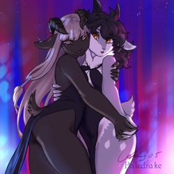 Size: 1800x1800 | Tagged: safe, artist:ais05, artist:paledrake_, bovid, caprine, mammal, sheep, anthro, bottomwear, clothes, dancing, dress, duo, duo female, female, females only, fluff, holding, holding hands, horns, neck fluff, tail, thick thighs, thighs, wide hips