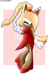 Size: 1024x1552 | Tagged: safe, artist:jasienorko, whisper the wolf (sonic), canine, mammal, wolf, anthro, idw sonic the hedgehog, sega, sonic the hedgehog (series), 2020, abstract background, black nose, boots, breasts, brown body, clothes, eyes closed, fangs, female, gesture, gloves, hair, hair accessory, hair over eyes, peace sign, red dress, sharp teeth, shoes, smiling, solo, solo female, teeth, watermark, white gloves