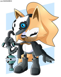 Size: 1024x1301 | Tagged: safe, artist:jasienorko, whisper the wolf (sonic), canine, mammal, wolf, anthro, idw sonic the hedgehog, sega, sonic the hedgehog (series), 2020, abstract background, black gloves, black nose, boots, brown body, cape, claws, clothes, eyes closed, fangs, female, finger claws, fingers, hair, hair accessory, holding, holding object, holding weapon, knee pads, mask, ponytail, sharp teeth, shoes, smiling, solo, solo female, standing, teeth, watermark, weapon