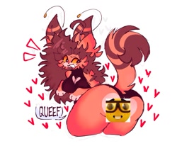 Size: 933x769 | Tagged: suggestive, artist:juicy zone, oc, oc only, anthro, antennae, big breasts, black clothing, black eyes, black underwear, breasts, butt, censored, clothes, colored sclera, dialogue, ear fluff, emoji, female, fluff, fur, hair, heart, long hair, looking back, meme, nerd, panties, raised tail, simple background, solo, solo female, striped fur, striped tail, stripes, sweater, tail, talking, text, thick thighs, thighs, topwear, underwear, white background, yellow sclera, 🤓