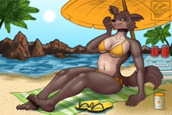 Size: 4096x2731 | Tagged: safe, artist:therod-r, juno (beastars), canine, mammal, wolf, anthro, digitigrade anthro, beastars, 2022, beach, beach blanket, beach umbrella, belly button, bikini, black nose, breasts, cheek fluff, clothes, detailed background, digital art, ears, eyelashes, female, fluff, fur, looking at you, ocean, sandals, shoes, sitting, smiling, smiling at you, solo, solo female, swimsuit, tail, thighs, umbrella, water, wide hips, yellow bikini, yellow swimsuit