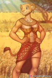 Size: 2731x4096 | Tagged: safe, artist:therod-r, nala (the lion king), big cat, feline, lion, mammal, anthro, disney, the lion king, 2022, 2d, belly button, breasts, detailed background, digital art, ear piercing, earring, ears, eyelashes, female, fur, grass, hand on hip, lioness, mature, mature female, piercing, pink nose, pose, solo, solo female, tail, thighs, tribal outfit, wide hips