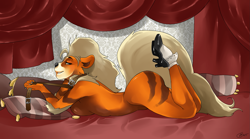 Size: 1999x1115 | Tagged: suggestive, artist:furlana, arcanine, fictional species, mammal, anthro, nintendo, pokémon, 2015, bed, belly button, black nose, breasts, butt, clothes, digital art, ears, eyelashes, female, fur, hair, high heels, looking at you, lying down, lying on bed, nudity, on bed, partial nudity, pillow, shoes, shoes only, side view, sideboob, socks, solo, solo female, tail, thighs, wide hips