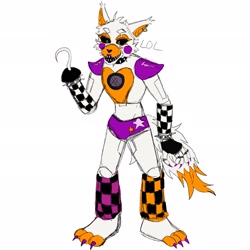 Size: 2048x2048 | Tagged: safe, artist:ntxz_234, lolbit (fnaf), canine, fox, mammal, five nights at freddy's, 2022, black sclera, cheek fluff, claws, collar, colored pupils, colored sclera, ear piercing, female, fluff, fur, glamrock lolbit (fnaf), heart chest, heart nose, hook, lidded eyes, looking forward, messy tail, open mouth, orange body, orange fur, piercing, sharp teeth, simple background, sketch, solo, solo female, spiked bracelet, spiked collar, standing, style emulation, tail, teeth, vixen, white background, white body, white fur, white pupils
