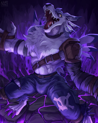 Size: 978x1230 | Tagged: suggestive, artist:nurinaki, fictional species, weregarurumon, anthro, digitigrade anthro, digimon, 2023, belt, black nose, bottomwear, captured, cave, clothes, crotch bulge, detailed background, digital art, ears, fluff, fur, male, neck fluff, open mouth, pants, partial nudity, pecs, rawr, sharp teeth, solo, solo male, tail, teeth, tongue, topless