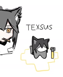 Size: 1668x2021 | Tagged: safe, artist:tunaplus_c, crewmate (among us), texas (arknights), animal humanoid, canine, fictional species, mammal, wolf, humanoid, among us (game), arknights, black hair, duo, female, hair, holding, looking at someone, mouth hold, orange eyes, pocky, simple background, sus, white background
