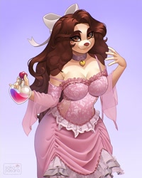 Size: 720x900 | Tagged: safe, artist:sikiliya, canine, dog, mammal, anthro, bottomwear, breasts, clothes, dress, female, hair, long hair, solo, solo female, thick thighs, thighs, wide hips