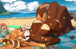 Size: 1546x1000 | Tagged: safe, artist:etivka, mammal, red panda, anthro, beach, big breasts, bikini, breasts, clothes, female, glasses, lying down, solo, solo female, swimsuit, tail, thick thighs, thighs, wide hips