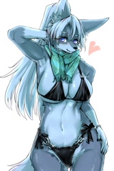 Size: 1000x1500 | Tagged: safe, artist:ookamiwaho, oc, oc only, canine, mammal, wolf, anthro, 2023, absolute cleavage, almost nude, arm behind head, belly button, big breasts, bikini, black nose, breasts, cleavage, clothes, female, fur, hair, looking at you, scarf, smiling, smiling at you, solo, solo female, swimsuit, thick thighs, thighs, wide hips