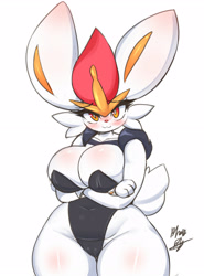 Size: 1899x2568 | Tagged: suggestive, artist:kyodashiro, cinderace, fictional species, anthro, nintendo, pokémon, breasts, cameltoe, clothes, female, huge breasts, leotard, solo, solo female, starter pokémon, thick thighs, thighs, wide hips
