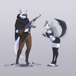 Size: 3500x3500 | Tagged: safe, artist:guyseriii, death (puss in boots), loona (vivzmind), canine, fictional species, hellhound, mammal, wolf, anthro, digitigrade anthro, dreamworks animation, helluva boss, puss in boots (movie), shrek, ak-47, assault rifle, bottomwear, cloak, clothes, colored sclera, crop top, crossover, digital art, duo, duo male and female, ears, female, fur, gray body, gray fur, gray hair, gun, hair, legwear, male, pants, paws, raised tail, red sclera, rifle, scythe, short shorts, shorts, stockings, tail, tank top, thumbs up, topwear, weapon