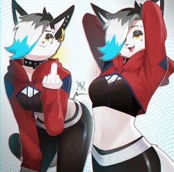 Size: 1500x1482 | Tagged: safe, artist:00niine, cat, feline, mammal, anthro, belly button, bottomwear, breasts, censored, cleavage, clothes, collar, fangs, female, fingers, hair, hair over one eye, hoodie, middle finger, pants, sharp teeth, solo, solo female, spiked collar, teeth, topwear, vulgar