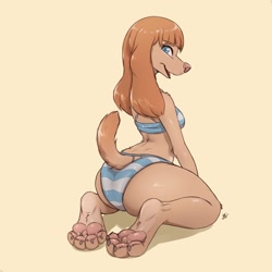 Size: 2500x2500 | Tagged: safe, artist:louart, canine, dog, mammal, anthro, big butt, bikini, butt, clothes, female, looking at you, looking back, looking back at you, paws, solo, solo female, swimsuit, thick thighs, thighs, wide hips