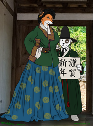 Size: 957x1300 | Tagged: safe, artist:ohs688, canine, dog, fox, mammal, anthro, chinese, clothes, female, joseon, korea, male, sign