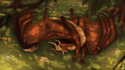 Size: 1920x1080 | Tagged: source needed, safe, artist:moonski, dragon, fictional species, feral, 16:9, brown body, digital art, eyes closed, horns, male, outdoors, scales, solo, solo male, tail, wings