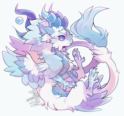 Size: 1080x1017 | Tagged: source needed, safe, artist:maltiuu, dragon, fictional species, furred dragon, feral, claws, feathered wings, feathers, fluff, question mark, signature, simple background, solo, tail, tail fluff, white background, wings