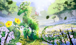 Size: 2493x1478 | Tagged: safe, artist:lucithen0, bird, dragon, elemental creature, fictional species, reptile, western dragon, feral, 2023, ambiguous gender, claws, commission, digital art, field, flower, green body, green scales, outdoors, plant, scales, scenery, scenery porn, solo, tail, tree, watermark