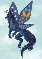 Size: 3307x4677 | Tagged: artist needed, source needed, safe, fictional species, antennae, blue body, digital art, horns, looking at you, open mouth, purple body, scales, spread wings, tail, teeth, wings