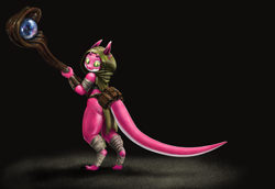 Size: 1453x1000 | Tagged: safe, artist:furyofthesmol, oc, fictional species, kobold, reptile, anthro, black background, claws, cloak, female, green eyes, horns, long tail, pink body, rear view, simple background, solo, solo female, staff, tail, three-quarter view