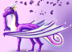Size: 1570x1124 | Tagged: artist needed, source needed, safe, oc, oc only, dragon, fictional species, ambiguous gender, digital art, headwear, horns, looking at you, paws, purple background, purple body, regalia, scales, simple background, solo, tail, tiara, wings, yellow eyes