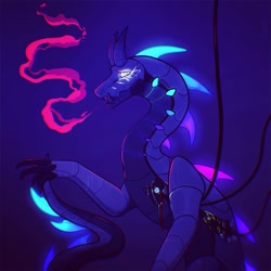 Size: 1080x1081 | Tagged: artist needed, source needed, safe, dragon, fictional species, robot, feral, ambiguous gender, blue background, horns, neon, simple background, solo, tail