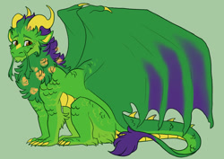 Size: 1280x905 | Tagged: artist needed, source needed, safe, dragon, fictional species, furred dragon, feral, brown eyes, digital art, ears, green background, green body, horns, intersex, intersex male, looking at you, male, paws, scales, simple background, solo, tail, tail tuft, wings
