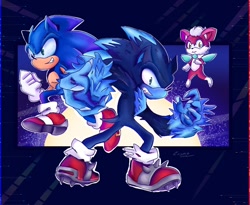 Size: 1000x820 | Tagged: safe, artist:chaoscxsmo, chip (sonic), sonic the hedgehog (sonic), sonic the werehog (sonic), ambiguous species, fictional species, hedgehog, mammal, anthro, plantigrade anthro, semi-anthro, sega, sonic the hedgehog (series), sonic unleashed, 2023, male, males only, trio, trio male, werehog