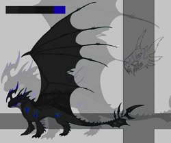 Size: 1080x901 | Tagged: artist needed, source needed, safe, oc, oc only, dragon, fictional species, feral, abstract background, ambiguous gender, black body, horns, male, solo, solo male, spread wings, tail, wings