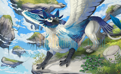 Size: 2448x1505 | Tagged: source needed, safe, artist:art of the beast, bird, dragon, feline, fictional species, gryphon, hybrid, mammal, feral, floating island, male, obtrusive watermark, outdoors, sky, solo, solo male, watermark