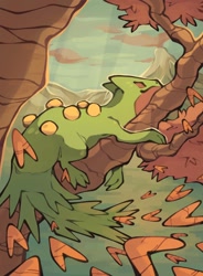 Size: 816x1110 | Tagged: safe, artist:trustyalt, fictional species, sceptile, feral, nintendo, pokémon, ambiguous gender, detailed background, lying down, plant, relaxing, scenery, solo, solo ambiguous, starter pokémon, tree, tree branch