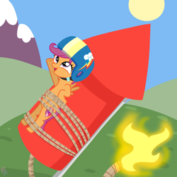 Size: 3000x3000 | Tagged: safe, artist:ponykittenboi, scootaloo (mlp), equine, fictional species, mammal, pegasus, pony, friendship is magic, hasbro, my little pony, fire, fireworks, fuse, grass, grass field, headwear, helmet, high res, mountain, mountain range, on model, rocket, rope, sky, smiling, solo, sun, this will not end well