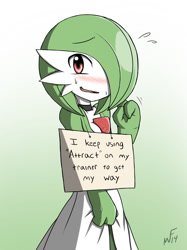 Size: 1024x1366 | Tagged: safe, artist:rakkuguy, oc, oc:airalin, fictional species, gardevoir, humanoid, nintendo, pokémon, 2014, attract, blush lines, blushing, caught, confession, cute, emanata, embarrassed, female, front view, gradient background, it begins, looking at you, open mouth, pokemon shaming, red eyes, shaming, sign, signature, solo, solo female, sweat, sweatdrop, text, three-quarter view