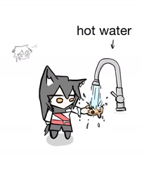 Size: 1346x1663 | Tagged: safe, artist:tunaplus_c, lappland (arknights), texas (arknights), animal humanoid, canine, fictional species, mammal, wolf, humanoid, arknights, black hair, chibi, cookie, duo, duo female, english text, faucet, female, females only, food, full body, hair, holding, holding food, holding object, no mouth, orange eyes, simple background, standing, text, washing, water, white background