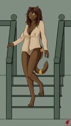 Size: 450x800 | Tagged: suggestive, alternate version, artist:harkrun, oc, oc:diantha, cat, feline, mammal, anthro, digitigrade anthro, brown body, brown fur, brown hair, clothes, digital art, ears, fur, hair, jewelry, looking at you, panties, paws, shirt, tail, tail jewelry, tail ring, topwear, underwear